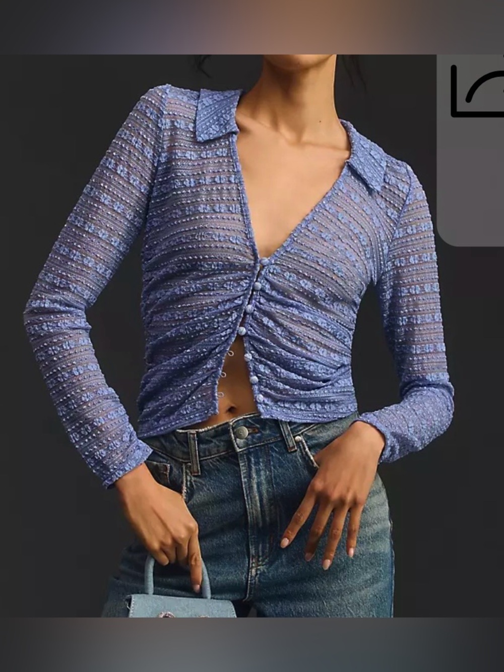Anthropologie Sheer V-Neck Floral Lace Shirt, Purple/Periwinkle, Women’s XS